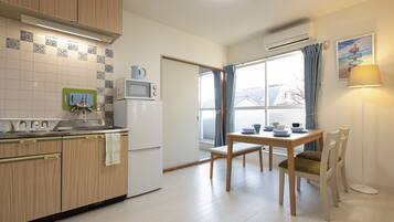 Fridge, microwave, electric kettle, toaster
