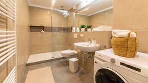 A modern bathroom with a glass-enclosed shower, a toilet, a sink, and a washing machine. - Casita Loft with 80 sqm (air-conditioned), with good transport connections (Ludwigshafen am Rhein)