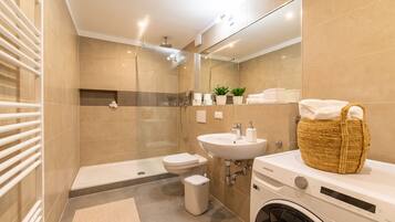 Shower, hair dryer, towels, soap