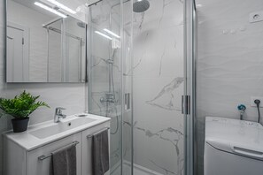 Shower, hair dryer, bidet, towels