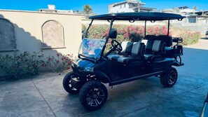 A golf cart parked on a paved surface with a map display, surrounded by a residential area with houses and flowering plants.