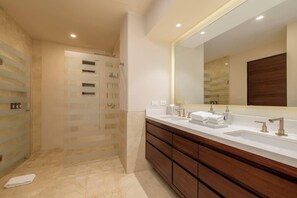 Shower, hair dryer, shampoo