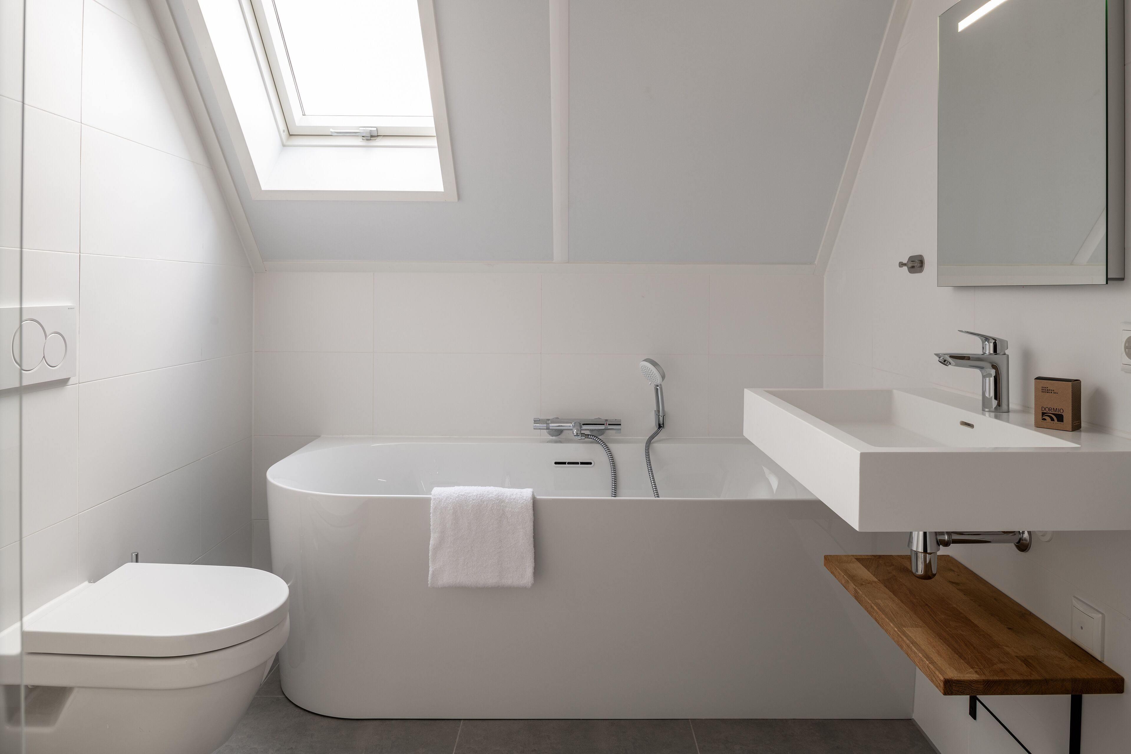 A modern bathroom with a freestanding bathtub, a toilet, and a vanity with a mirror.