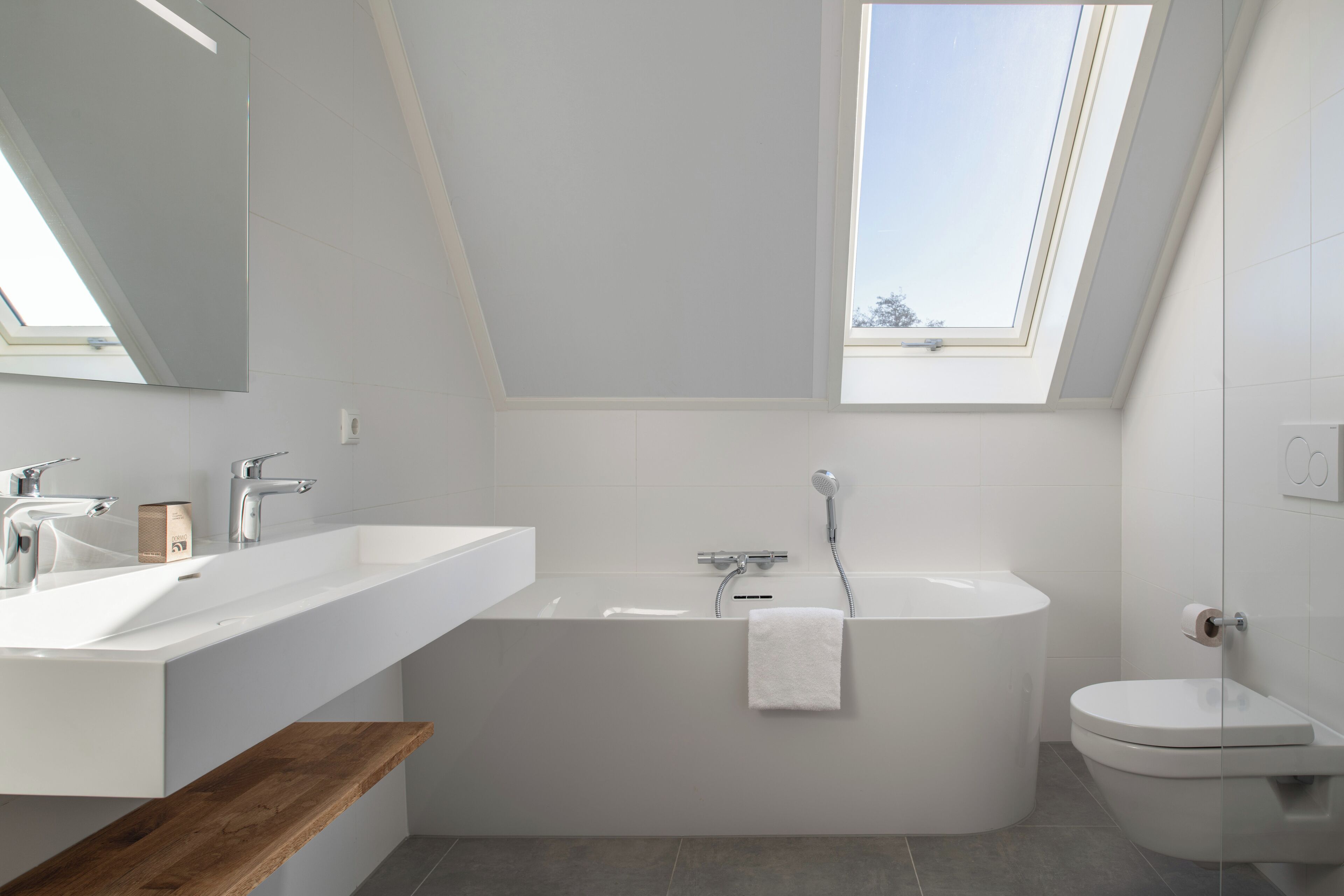 A modern bathroom with a freestanding bathtub, a toilet, and a vanity with a mirror.