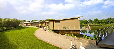 A modern building with a pathway leading to a pond, surrounded by greenery.