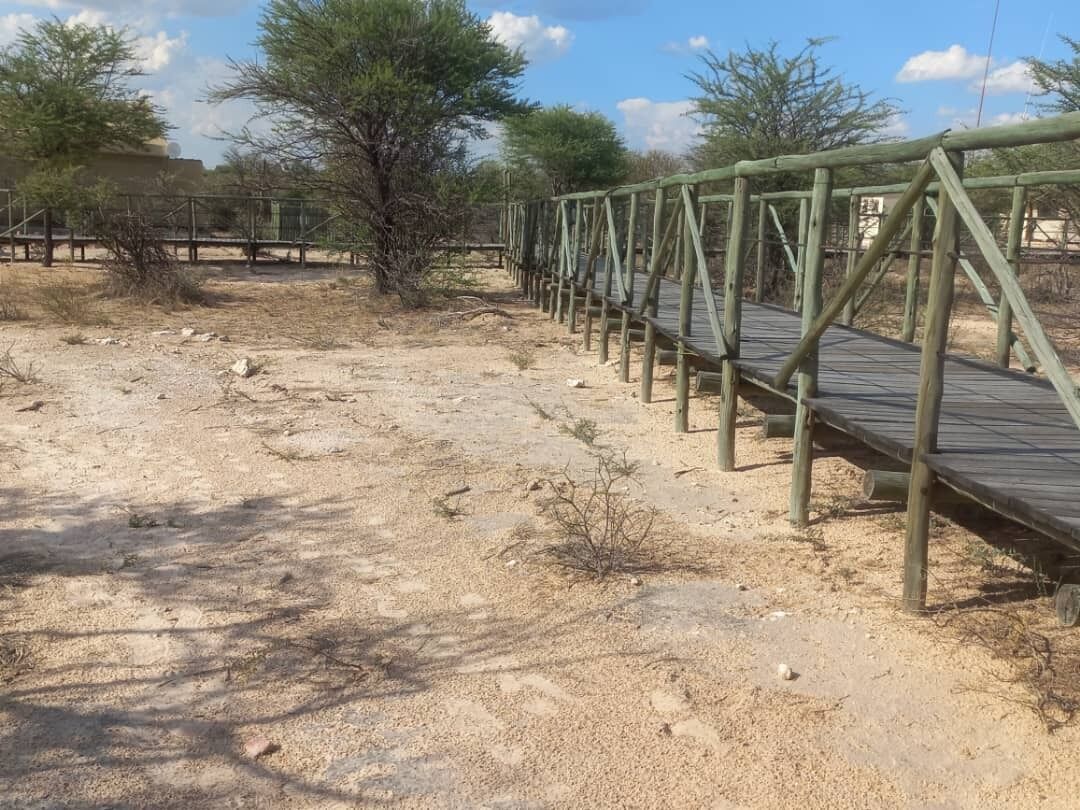 Un puente peatonal de madera en una zona árida y arenosa, con vegetación escasa y cielo despejado.