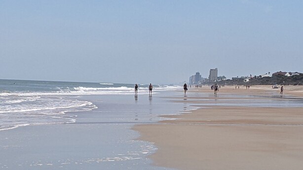 A beach with people walking along the shore. - Steps from the beach with pool! (Ormond Beach)