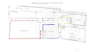Grundrids for Muazzo Plaka Ground Home, der viser stue, soveværelse, badeværelse, køkken og terrasse.