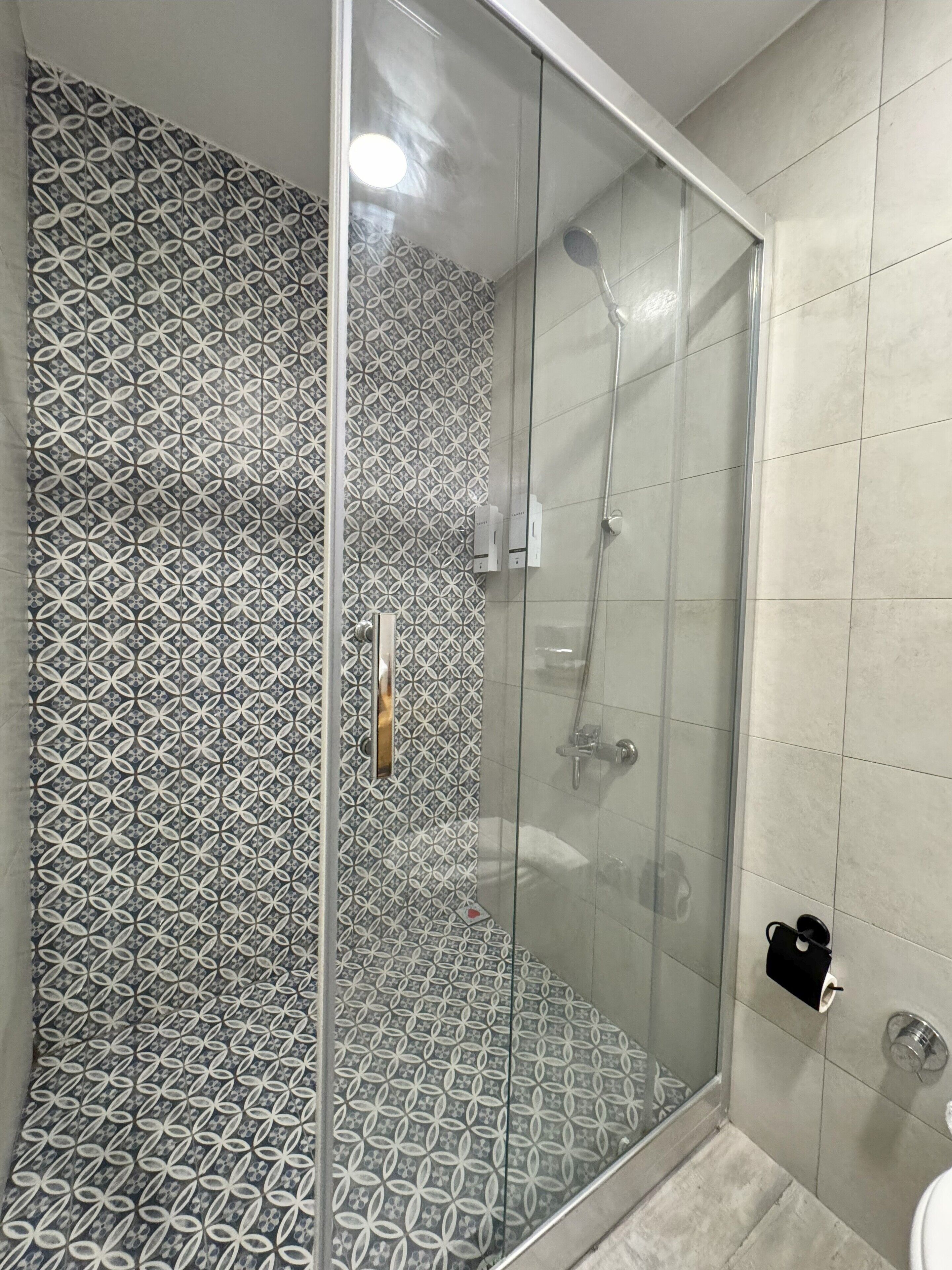 A shower with a glass door, a patterned tile wall, and a toilet with a black holder.