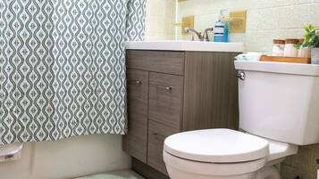 Shower, hair dryer, towels, soap