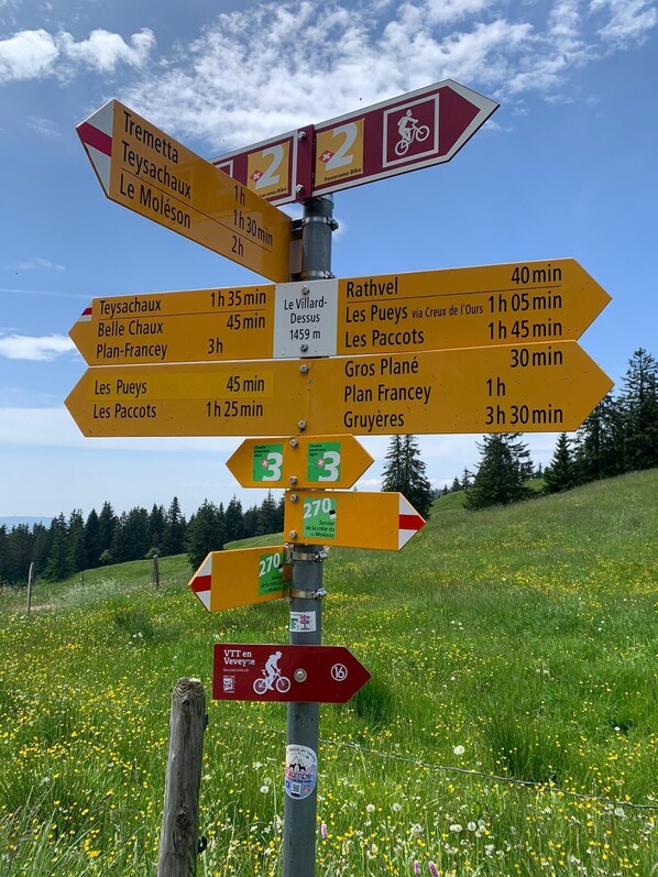 Un cartel indicador en un entorno rural que muestra varios destinos y tiempos estimados de viaje.