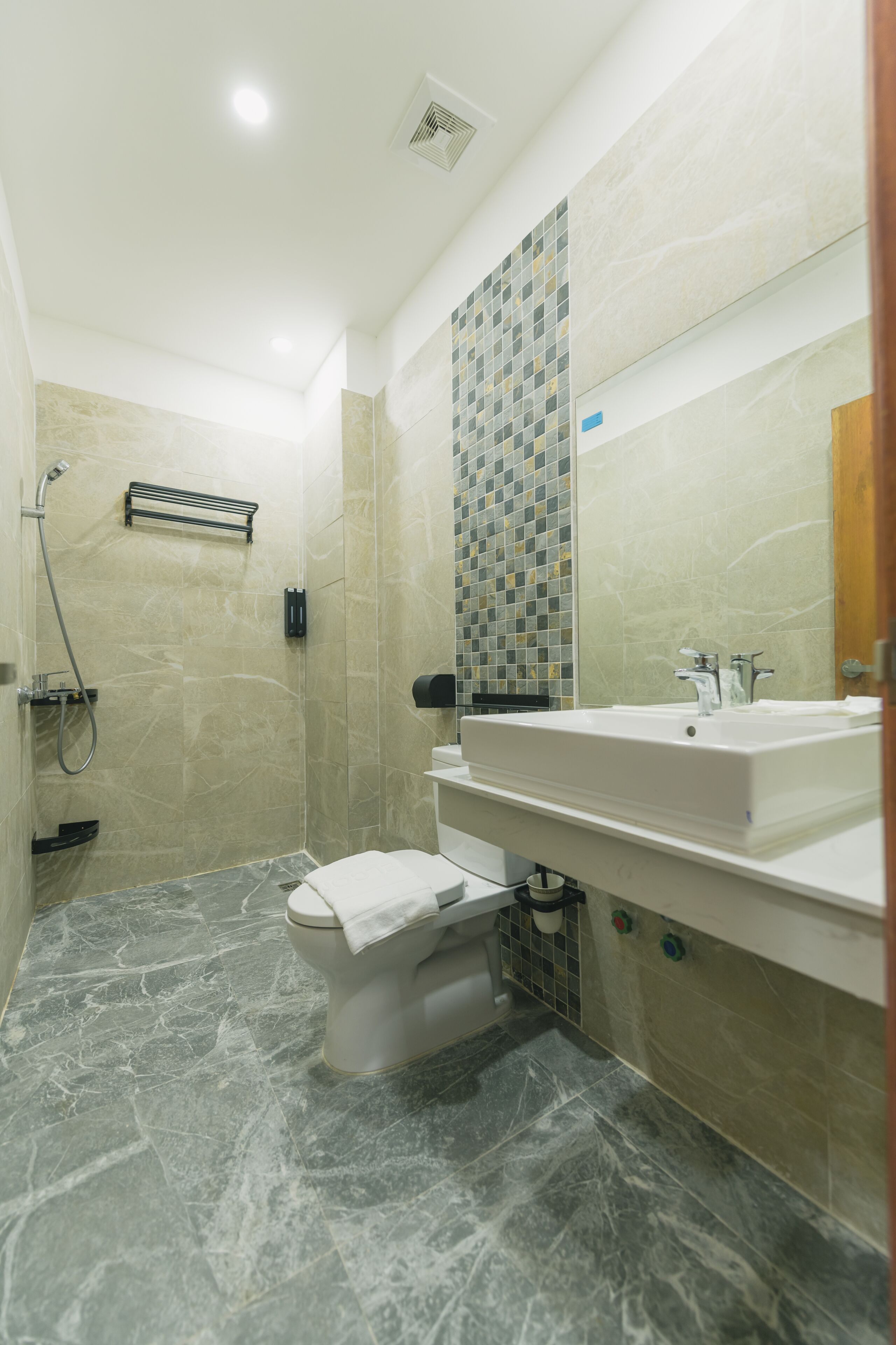 A modern bathroom with a shower, toilet, and sink.