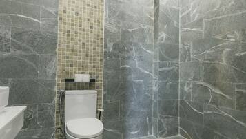 A bathroom with a toilet, shower, and tiled walls.