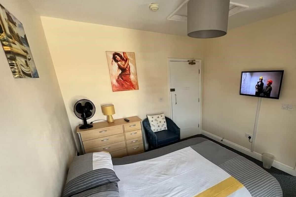 A bedroom with a bed, a dresser, a chair, a TV, and a painting on the wall.