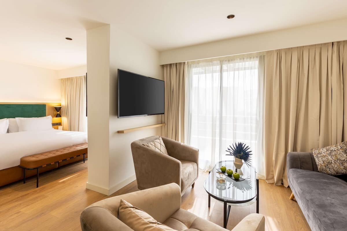 Ein Hotelzimmer mit Bett, einer Couch, einem Sessel, einem Fernseher und einem Tisch mit Pflanze.