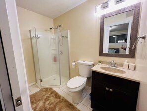 Une salle de bain avec une douche à parois de verre, des toilettes, un lavabo avec un miroir et un tapis marron sur le sol.
