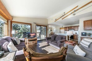 Flat-screen TV, fireplace