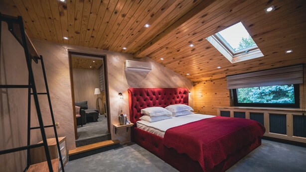 Quarto com uma cama grande, teto de madeira, claraboia e uma televisão.
