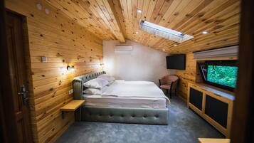 Een kamer met houten lambrisering, een bed, een televisie en een raam met uitzicht op groen.