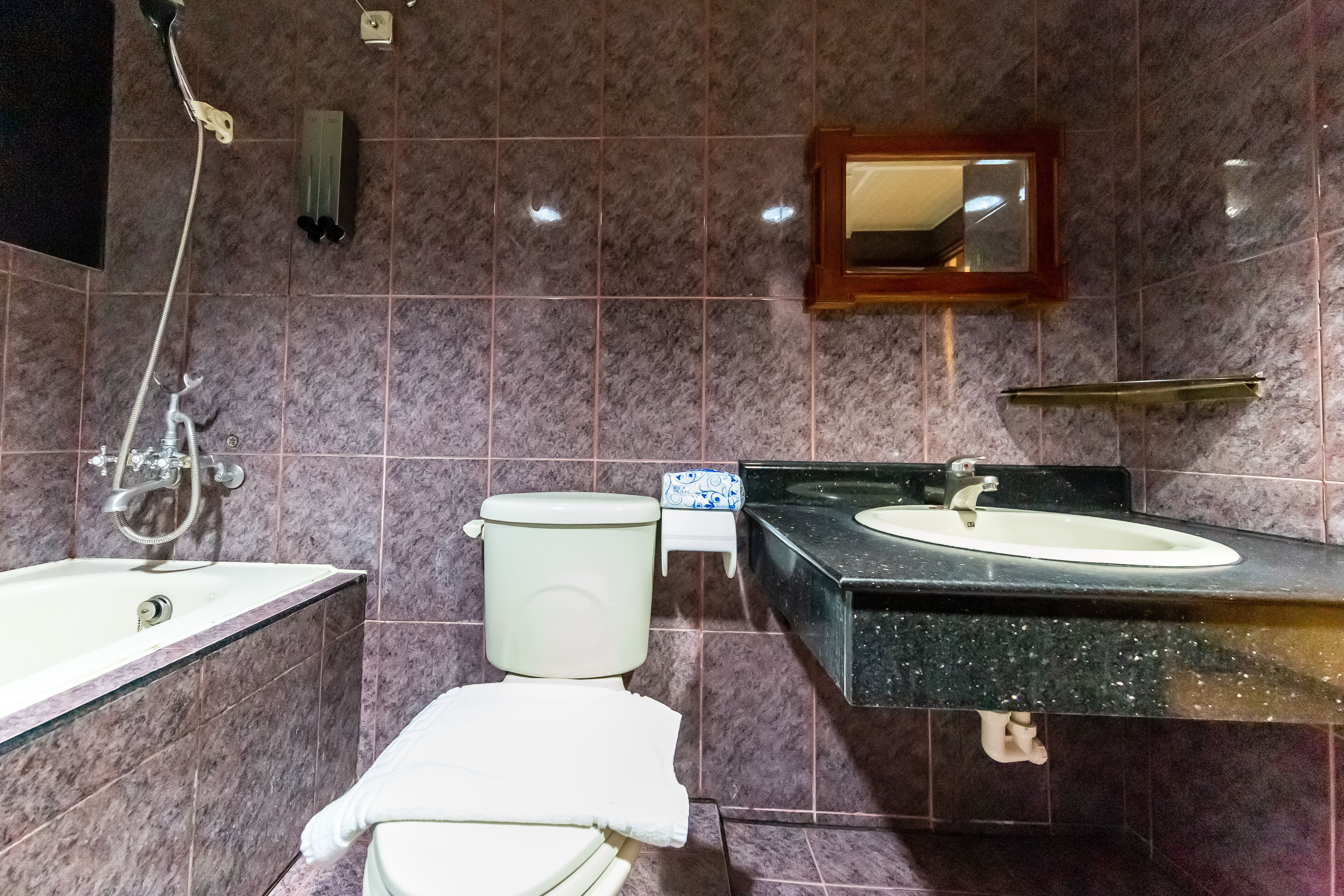 A bathroom with a bathtub, toilet, sink, and a mirror.