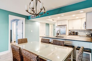 Fridge, microwave, oven, stovetop - Oceanfront condo with balcony, central AC, W/D, & indoor pool - steps to beach (North Myrtle Beach)