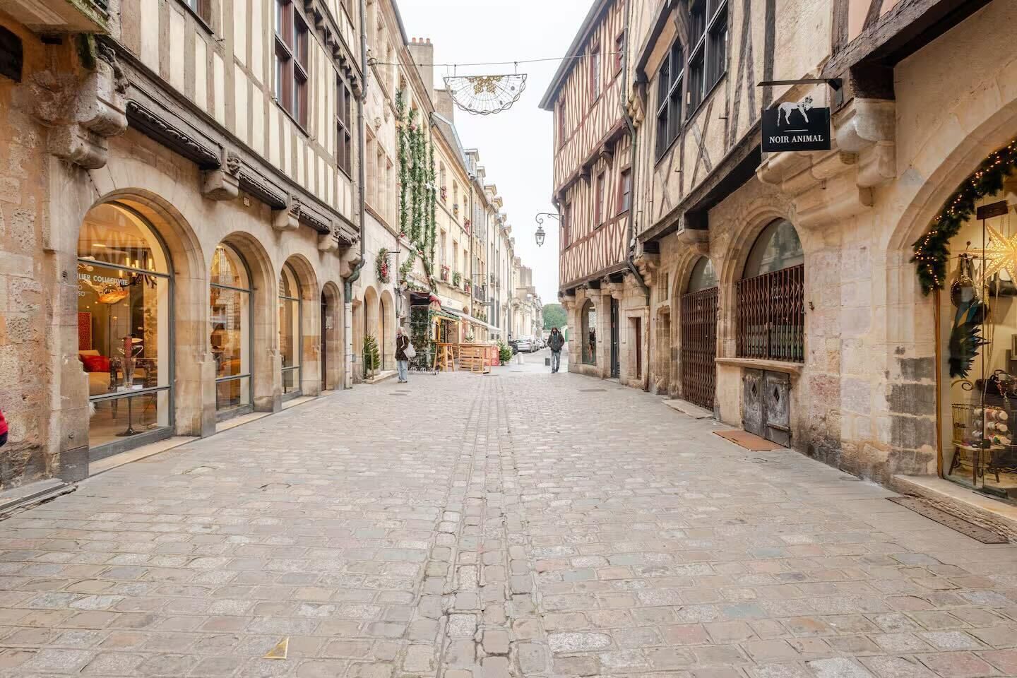Una calle adoquinada flanqueada por edificios históricos, algunos con escaparates y letreros, incluido uno de 'NOIR ANIMAL'.