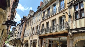 A street with historic buildings, including a shop with a sign 'NOIR ANIMAL'.
