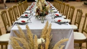 A long dining table set for a meal with chairs on both sides, a central floral arrangement, and a brick wall in the background. - Domaine Marrakech Hacienda a great place to party (Marrakech)