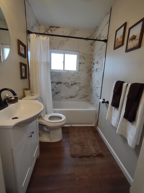 Combined shower/tub, hair dryer, towels, soap - Classic Ranch close to the Buffalo Airport (Cheektowaga)
