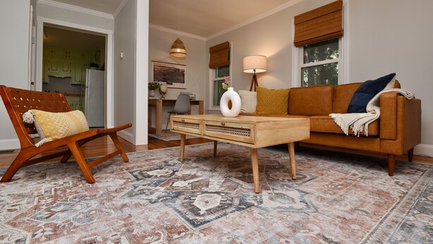A living room with a sofa, a wooden coffee table, and a patterned rug.