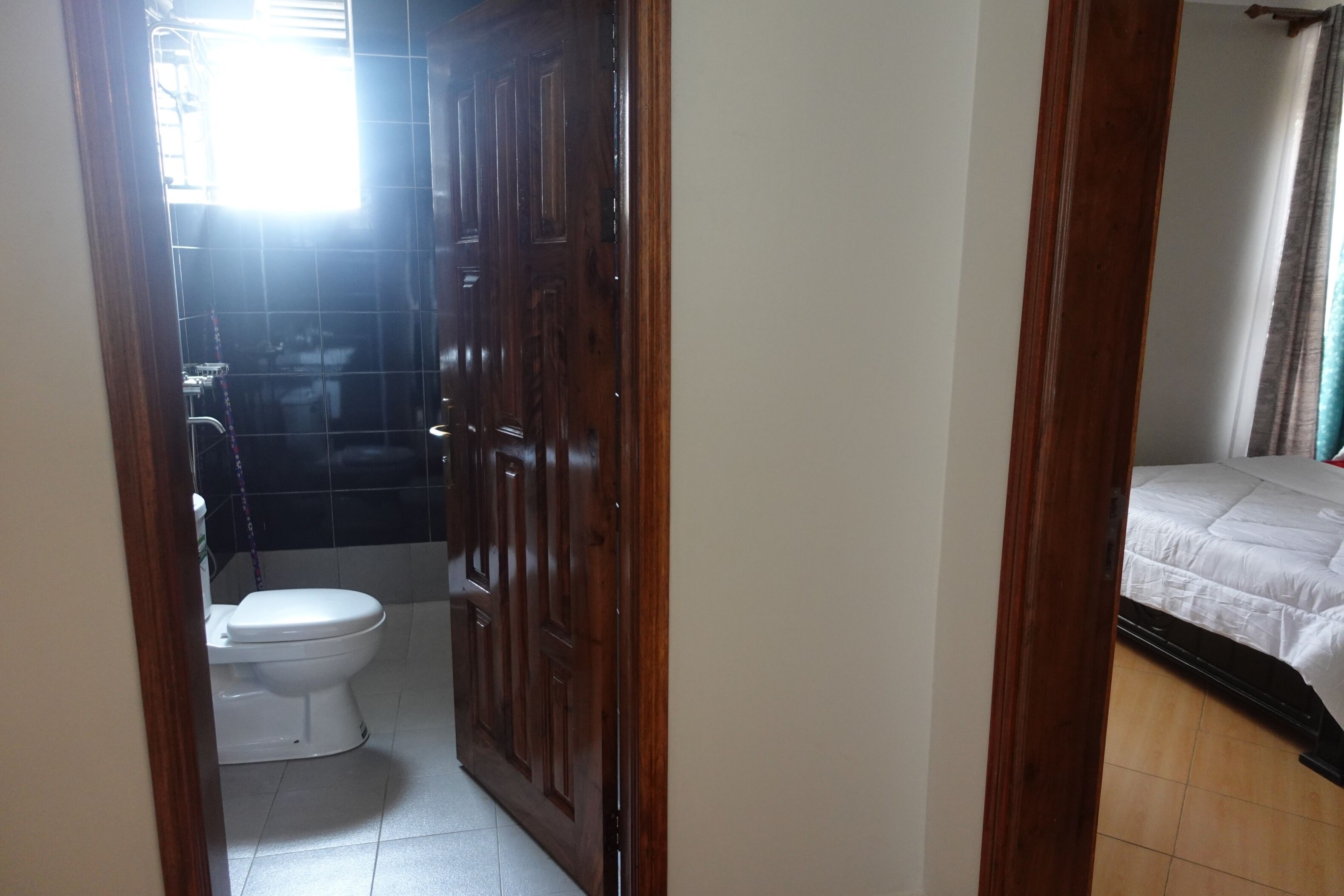 Een badkamer met een toilet, een douche en een houten deur.