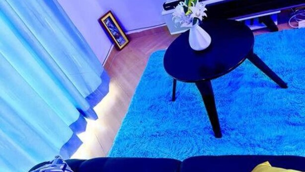 A living room with a flat-screen TV displaying 'NO LIMIT', a sofa, a small table with a vase, and a blue carpet. - C&A Orchid Apartments (Kampala)