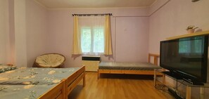A small bedroom with a single bed, a TV, a window with curtains, and a wooden floor. - Holiday home in popular holiday area with terrace (Siófok)