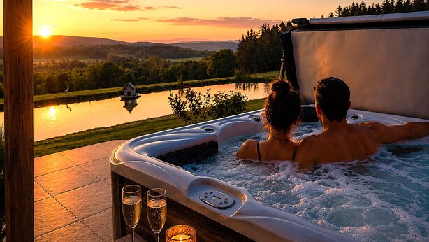 Un bain à remous pour deux personnes, une terrasse en bois et une vue sur un lac et des collines au coucher du soleil.