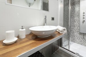 Shower, hair dryer, bidet, towels