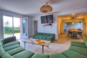 TV, fireplace, video games, foosball