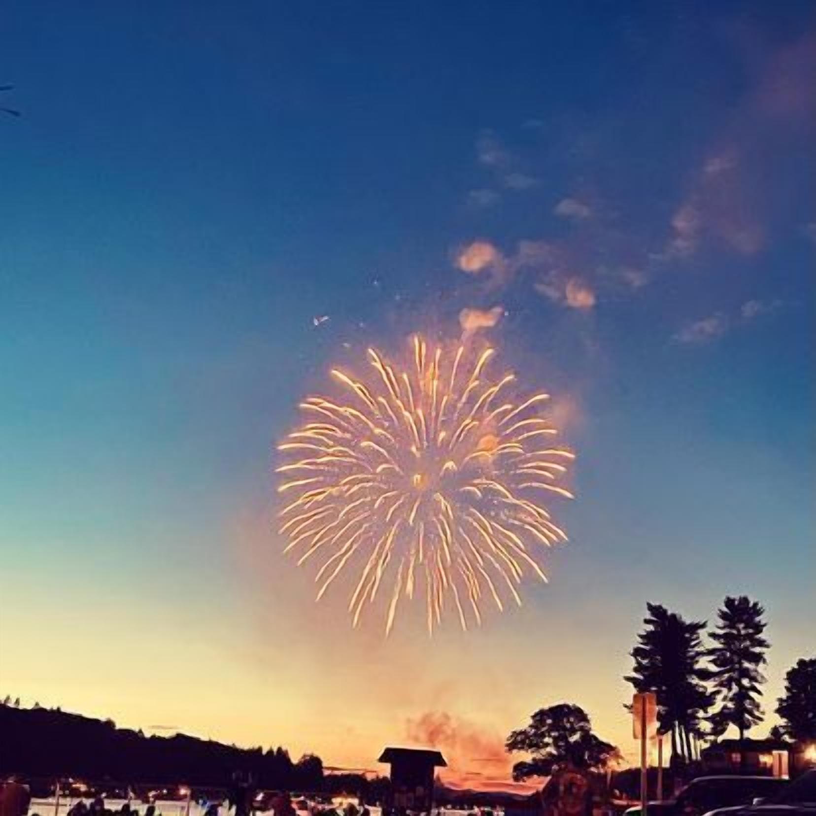 Ein Feuerwerk bei Dämmerung unter einem klaren Himmel.
