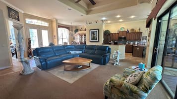 Smart TV, fireplace, books