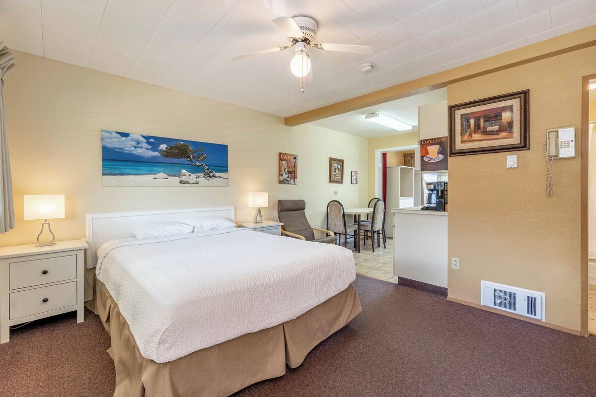 Habitación de hotel con cama, escritorio, silla, ventilador de techo y un cuadro de una playa.