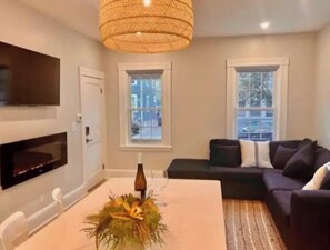 Smart TV, fireplace, books