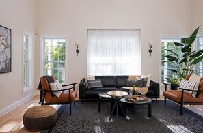 Smart TV, fireplace, table football, books