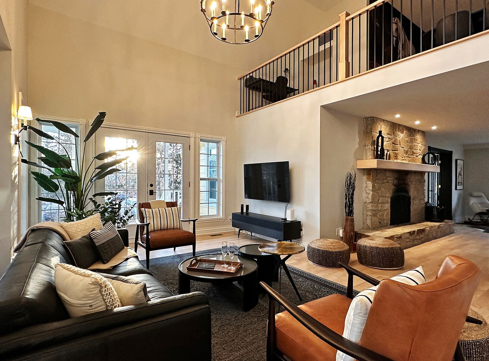 Smart TV, fireplace, table football, books