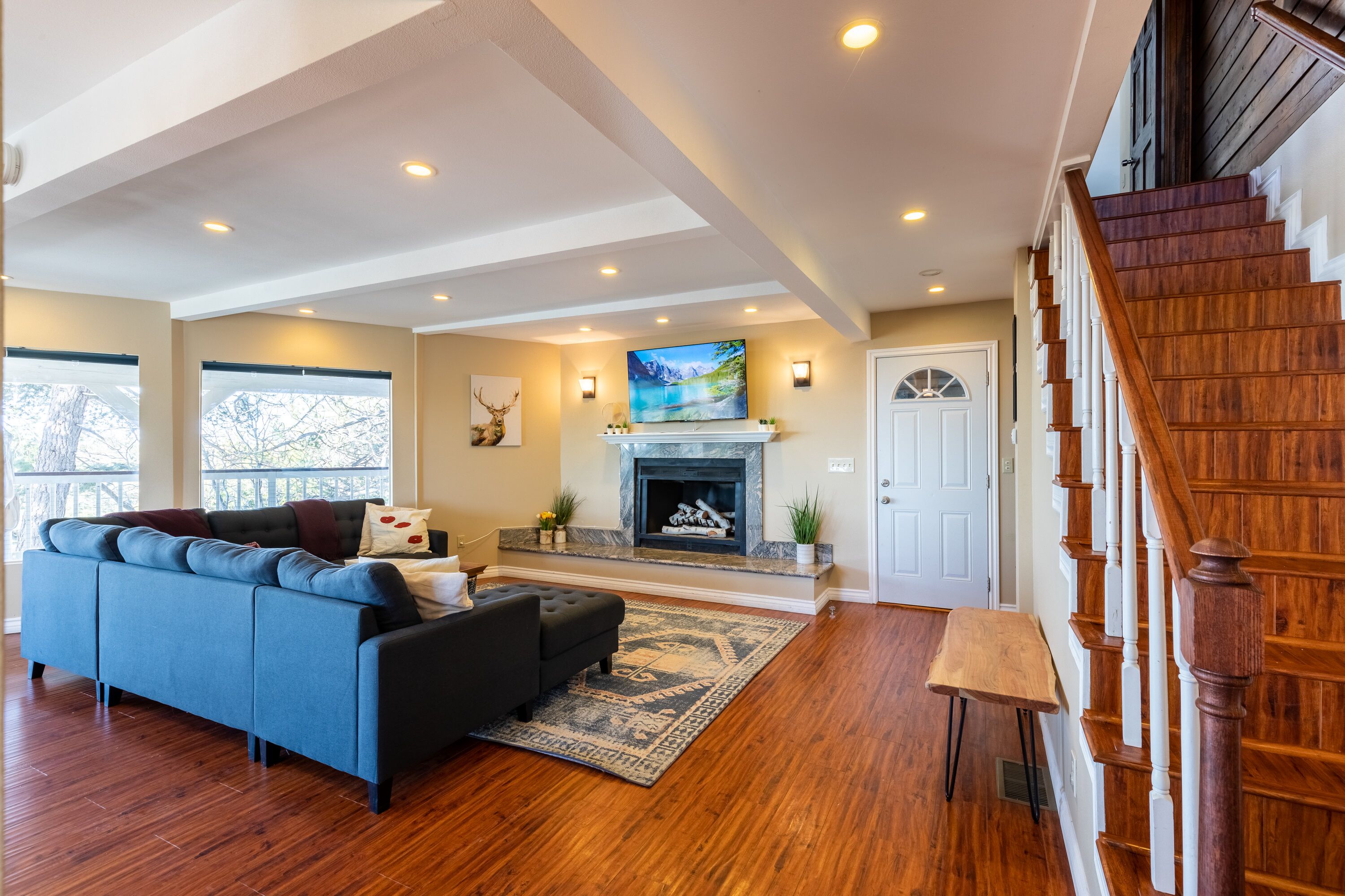 Smart TV, fireplace, video games, foosball