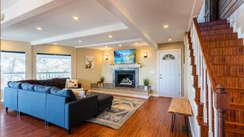 Smart TV, fireplace, video games, foosball