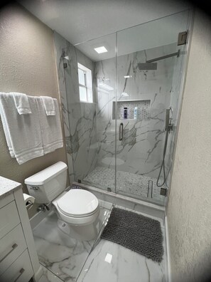 Une salle de bain équipée de toilettes, d’une douche et d’un espace de douche vitré.