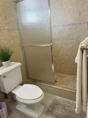 Dusche, Haartrockner, Handtücher, Seife