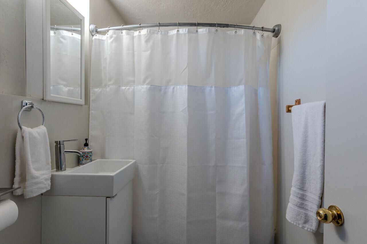 Une salle de bain avec un rideau de douche, un lavabo, un miroir et un porte-serviettes.