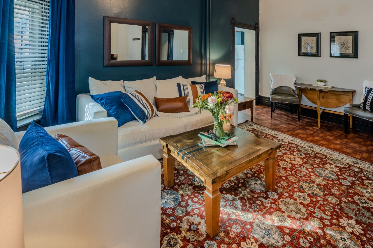 Smart TV, fireplace, books