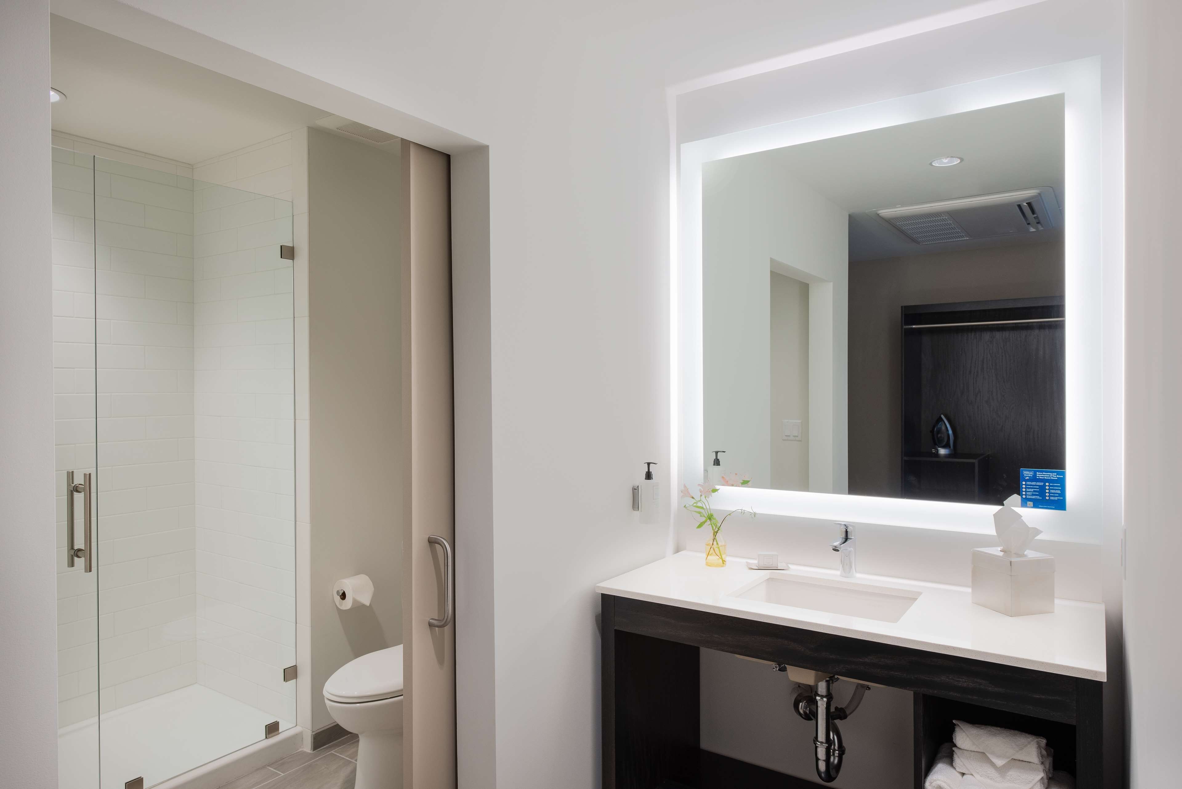 Un bagno moderno con box doccia in vetro, un water bianco, un mobile lavabo con specchio e un porta asciugamani.
