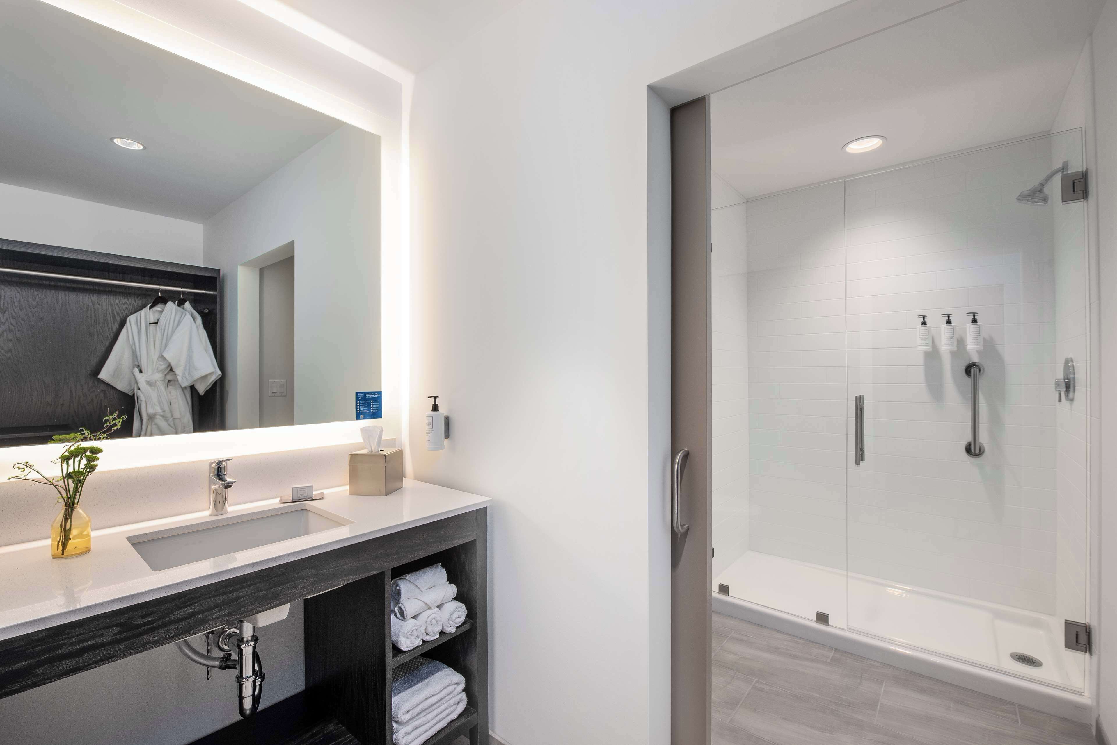 Eco-friendly toiletries, hair dryer, towels